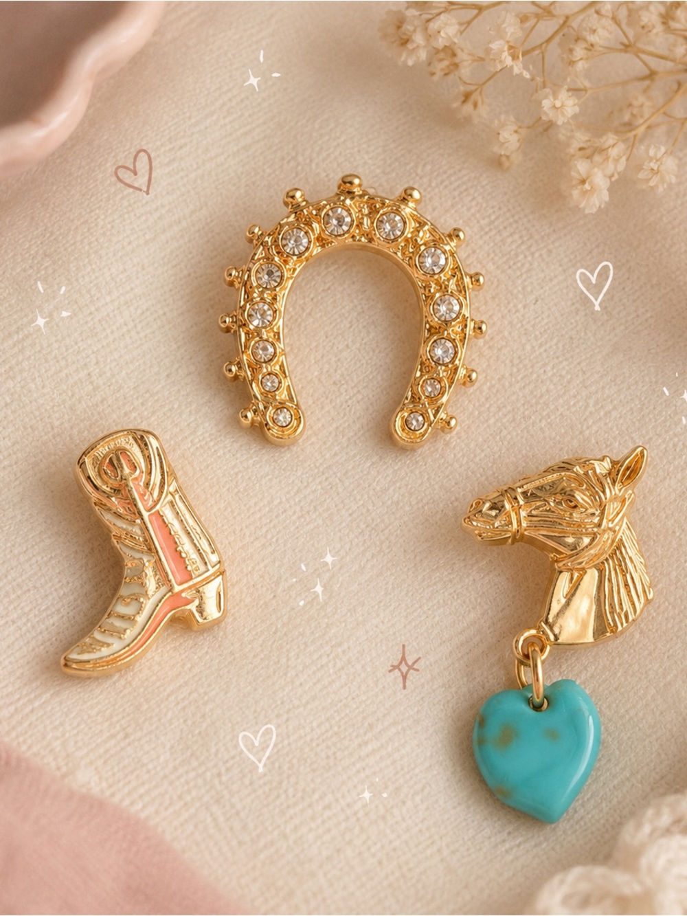 Western-inspired set of 3 gold-tone enamel pins